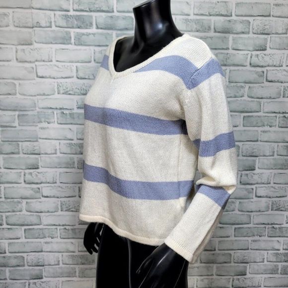 Ava Giselle Collection Womens S Ivory Blue Colorblock Stripe Knit Sweater - Picture 2 of 6